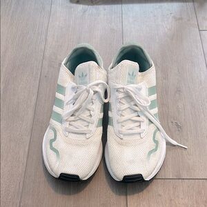 Adidas White and Light Green Running Shoes - little dirt but a lotta life left